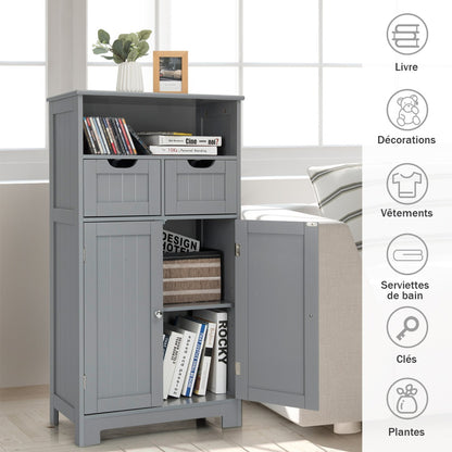 Armoire salle de bain, Armoire WC, Meuble Rangement salle de bain, Meuble de Salle de Bain, 2 Tiroirs, 2 Portes, Gris, Costway, 5