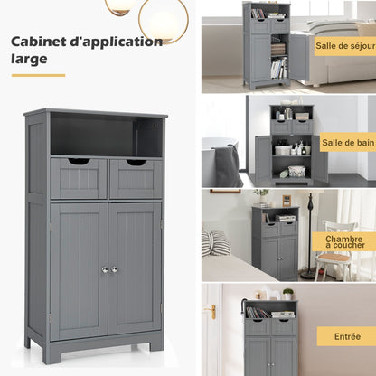 Armoire salle de bain, Armoire WC, Meuble Rangement salle de bain, Meuble de Salle de Bain, 2 Tiroirs, 2 Portes, Gris, Costway, 6