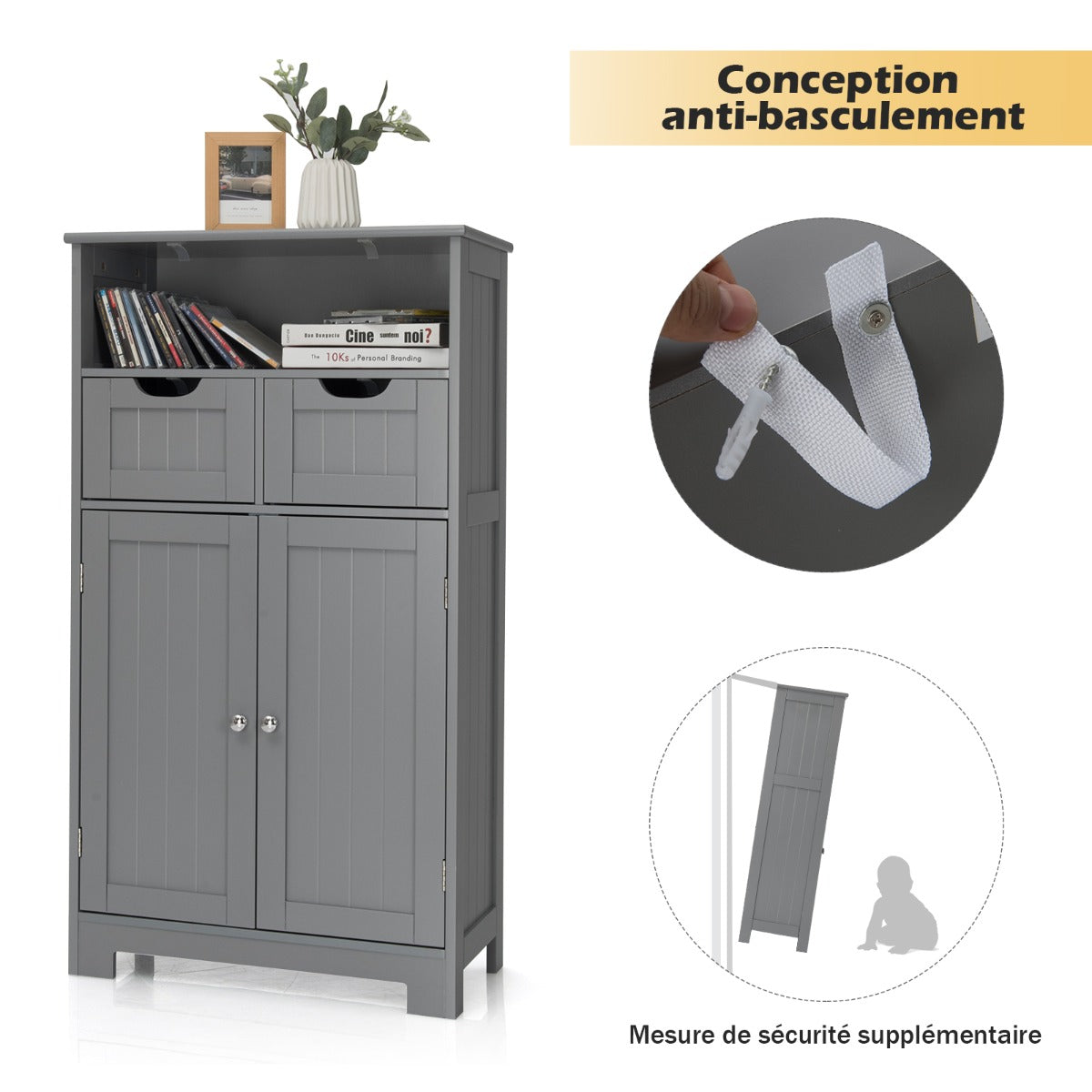 Armoire salle de bain, Armoire WC, Meuble Rangement salle de bain, Meuble de Salle de Bain, 2 Tiroirs, 2 Portes, Gris, Costway, 8