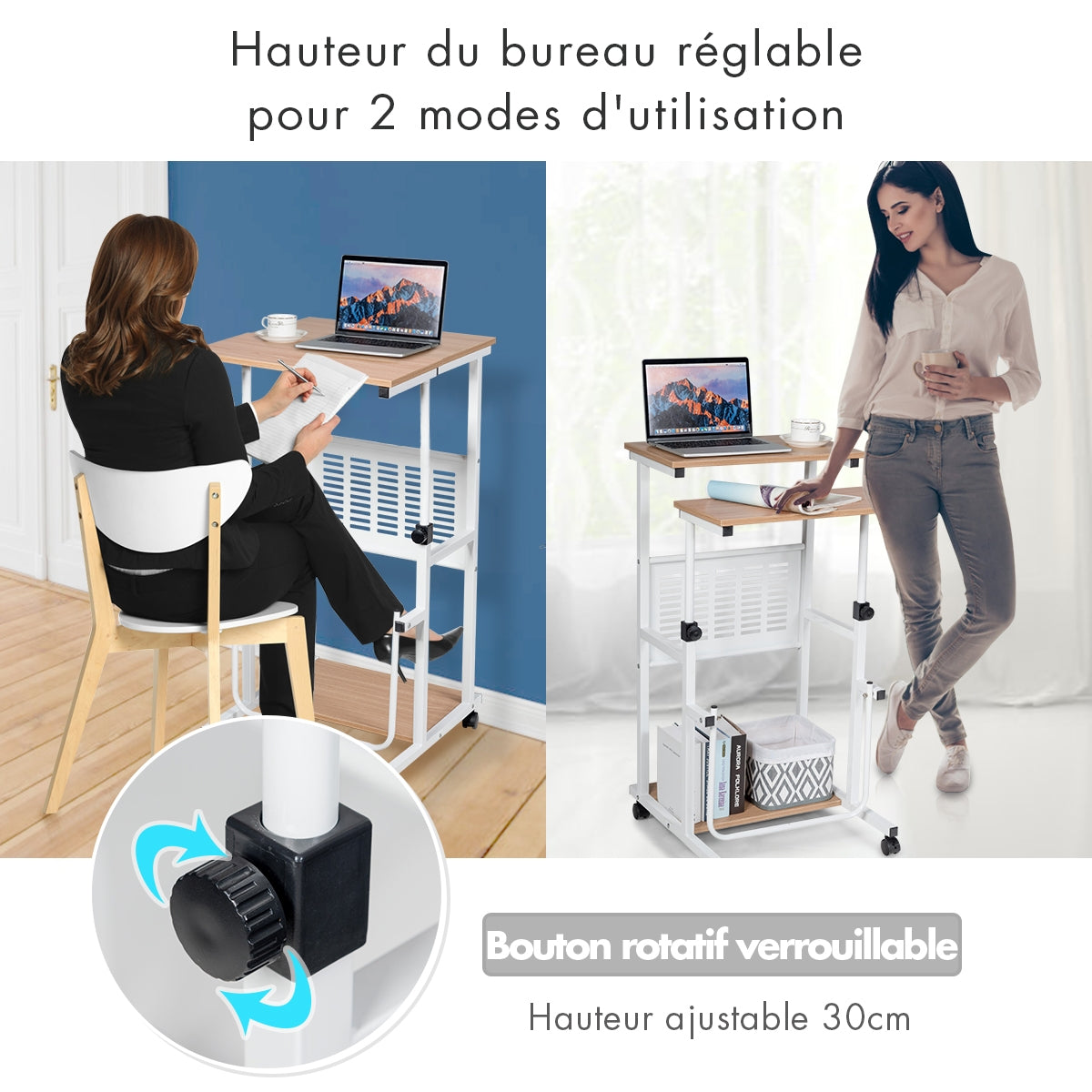 Bureau Assis Debout à Roulettes, Bureau Ordinateur, Bureau Informatique, Bureau Moderne, Table de Bureau, Costway, 7