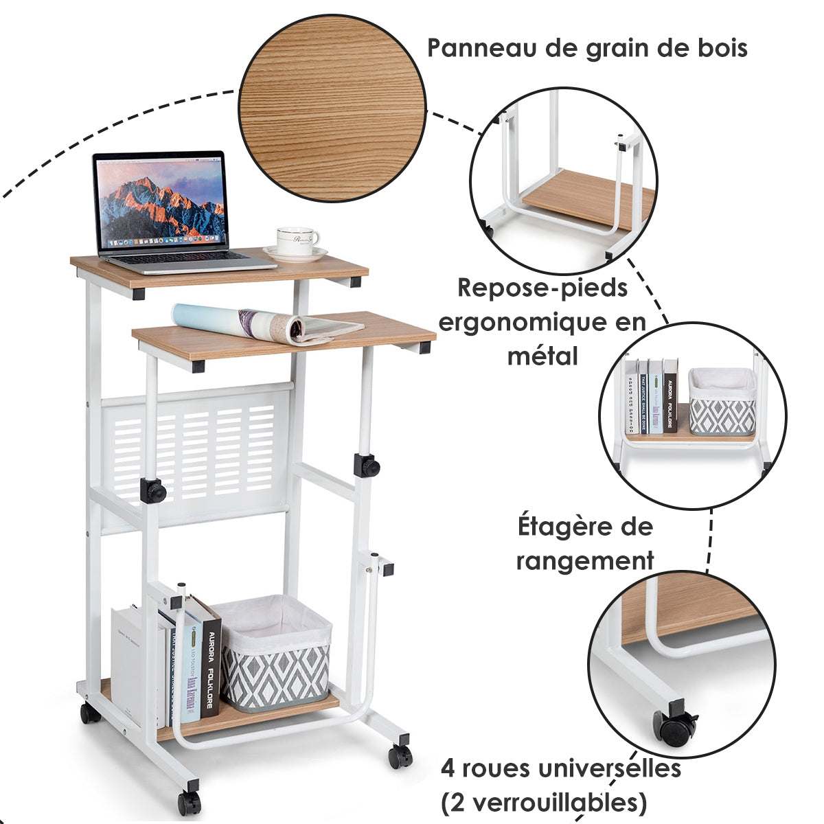 Bureau Assis Debout à Roulettes, Bureau Ordinateur, Bureau Informatique, Bureau Moderne, Table de Bureau, Costway, 8