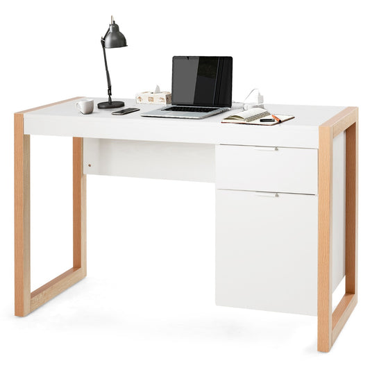 Bureau Ordinateur, Bureau Informatique, Bureau Moderne, Table de Bureau, Poste de Travail avec 2 Tiroirs, Blanc, Costway, 1