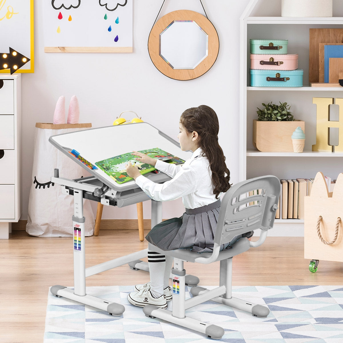 Table et Chaise enfant, Bureau Enfant Primaire, Réglable en Hauteur avec Tiroir Inclinable, en MDF+PP, Gris, Costway, 3