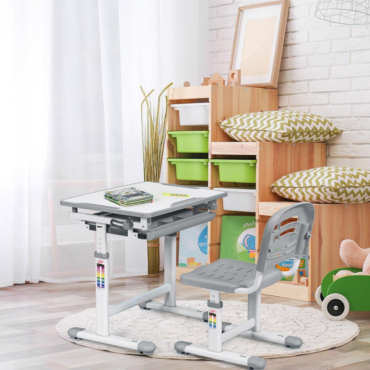 Table et Chaise enfant, Bureau Enfant Primaire, Réglable en Hauteur avec Tiroir Inclinable, en MDF+PP, Gris, Costway, 2