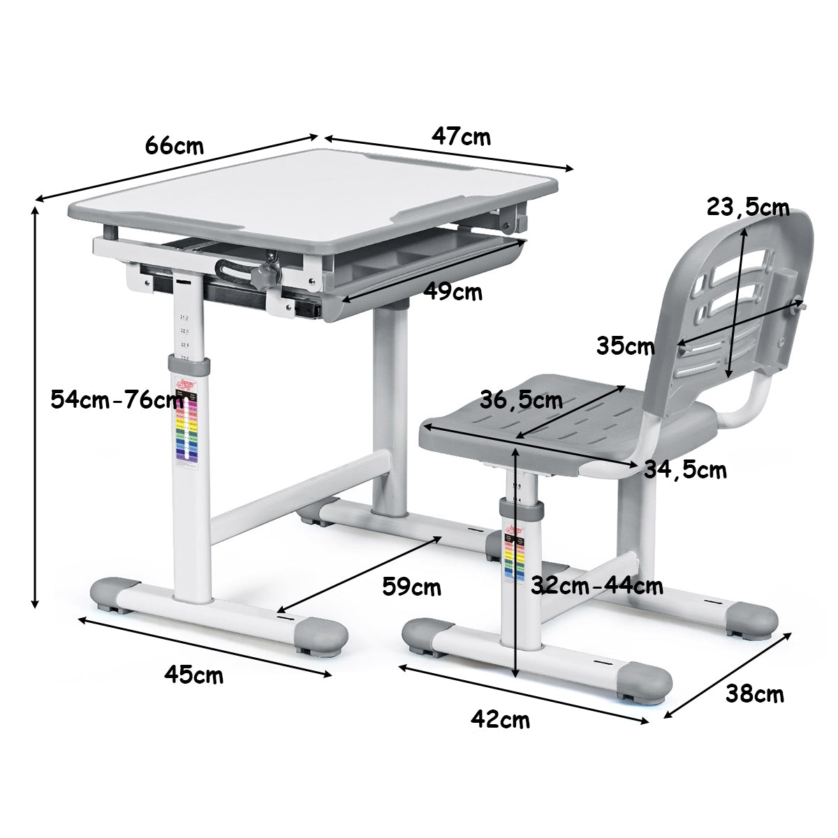 Table et Chaise enfant, Bureau Enfant Primaire, Réglable en Hauteur avec Tiroir Inclinable, en MDF+PP, Gris, Costway, 7