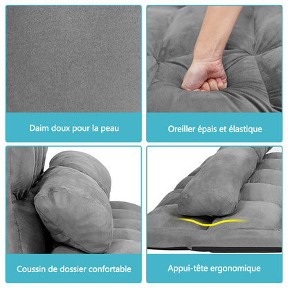 Canapé lit, Banquette convertible, 2 Places, Dossier Réglable à 6 Positions Housse Détachable 2 Oreillers, Gris, Costway, 6
