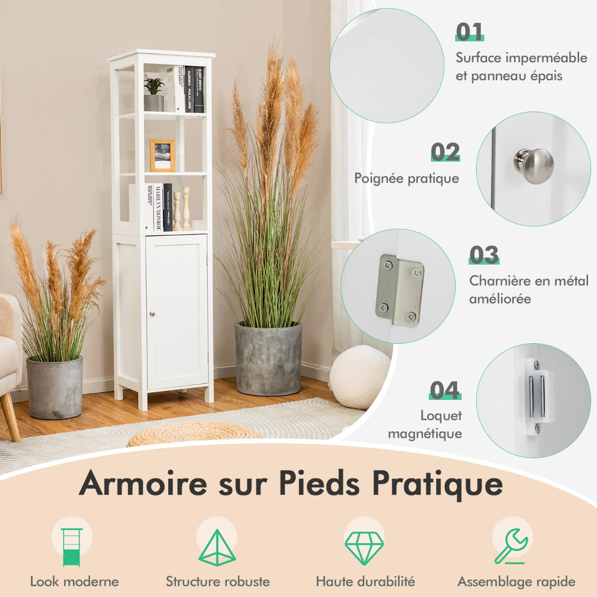 Meuble Rangement salle de bain, Armoire WC, Meuble Colonne Autoportante avec Étagère à 3 Niveaux, Blanc, Costway, 5