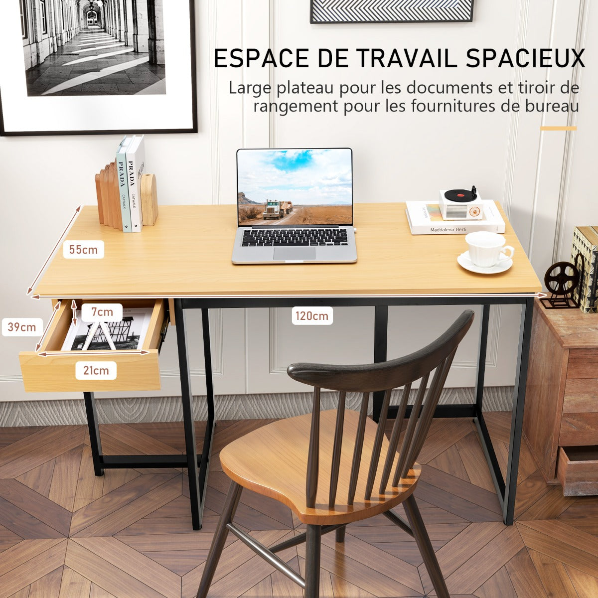 Bureau Ordinateur, Bureau Informatique de 120 cm, Bureau Moderne, Table de Bureau avec Roulant, Costway, 5