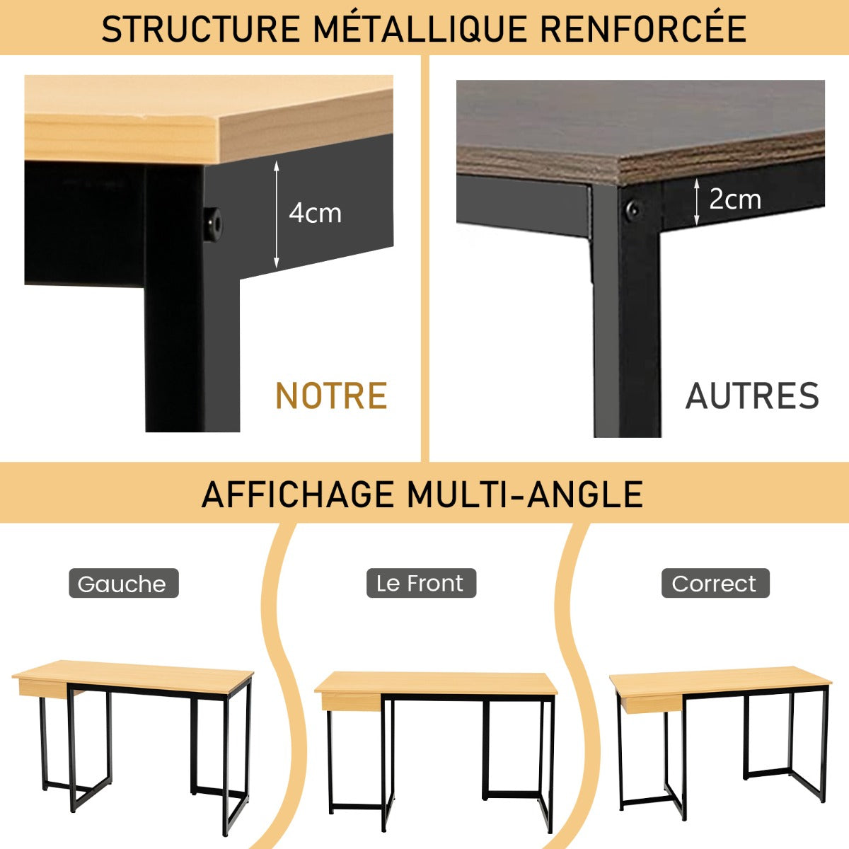 Bureau Ordinateur, Bureau Informatique de 120 cm, Bureau Moderne, Table de Bureau avec Roulant, Costway, 6