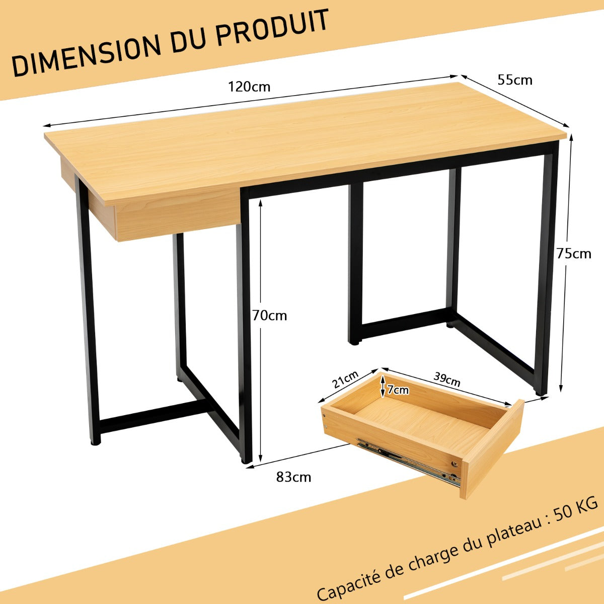 Bureau Ordinateur, Bureau Informatique de 120 cm, Bureau Moderne, Table de Bureau avec Roulant, Costway, 8