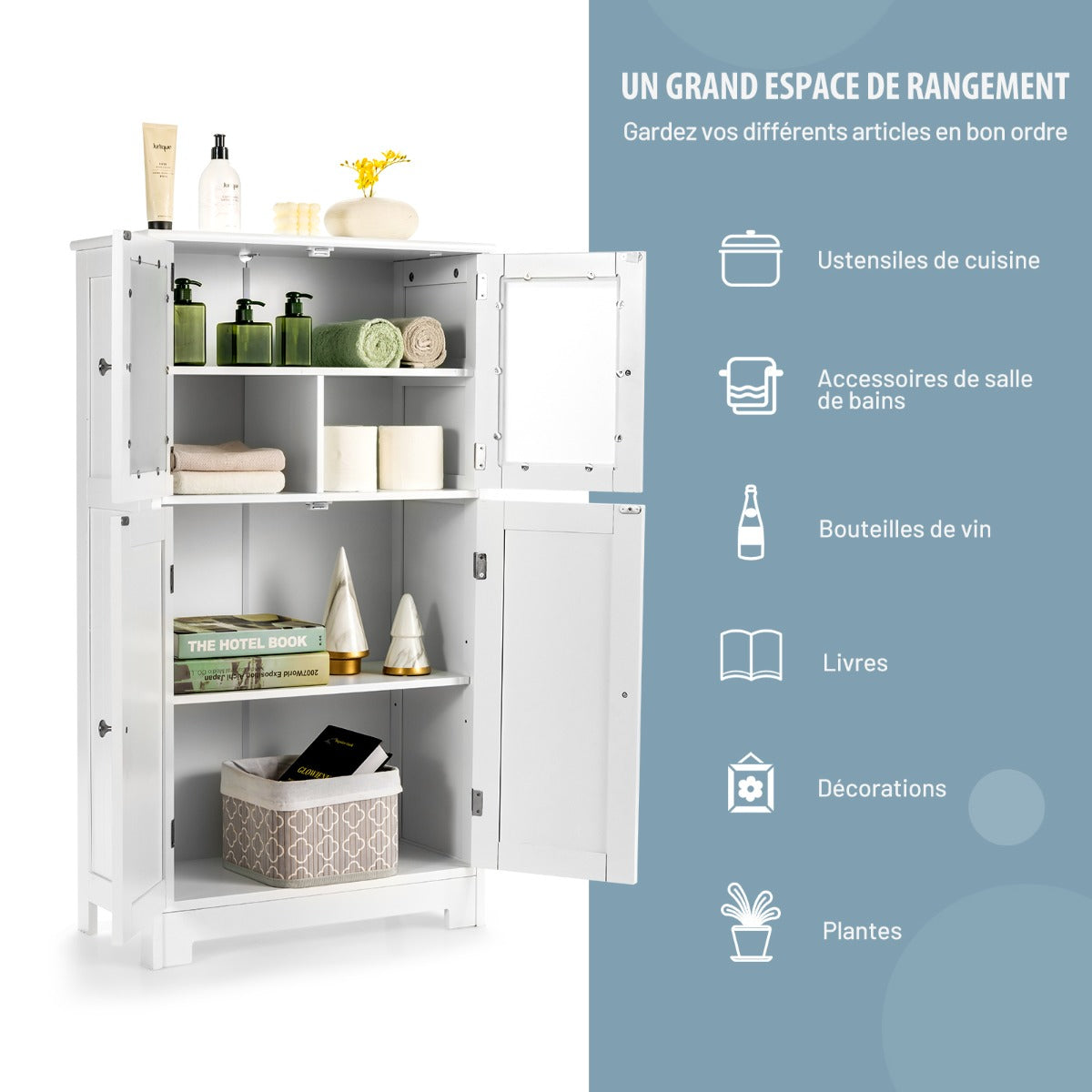 Armoire salle de bain, Meuble Rangement salle de bain, Armoire WC, Meuble de Salle de Bain, Blanc, Costway, 5