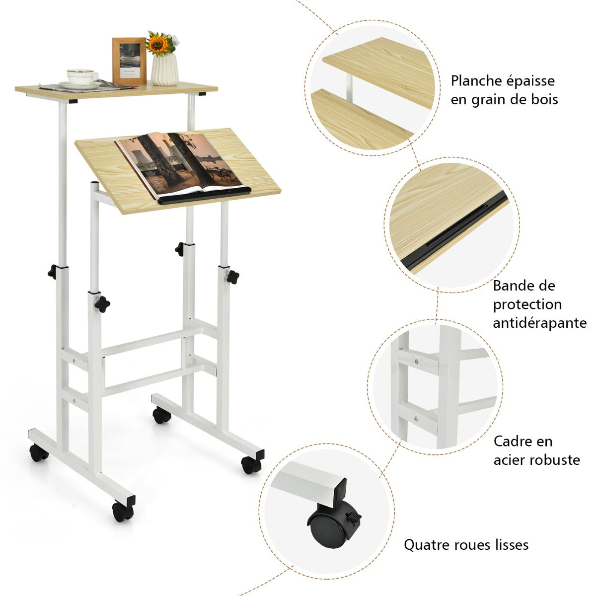 Bureau Assis Debout à Roulettes, Bureau Ordinateur, Bureau Informatique, Bureau Moderne, Natrurel, Costway, 6