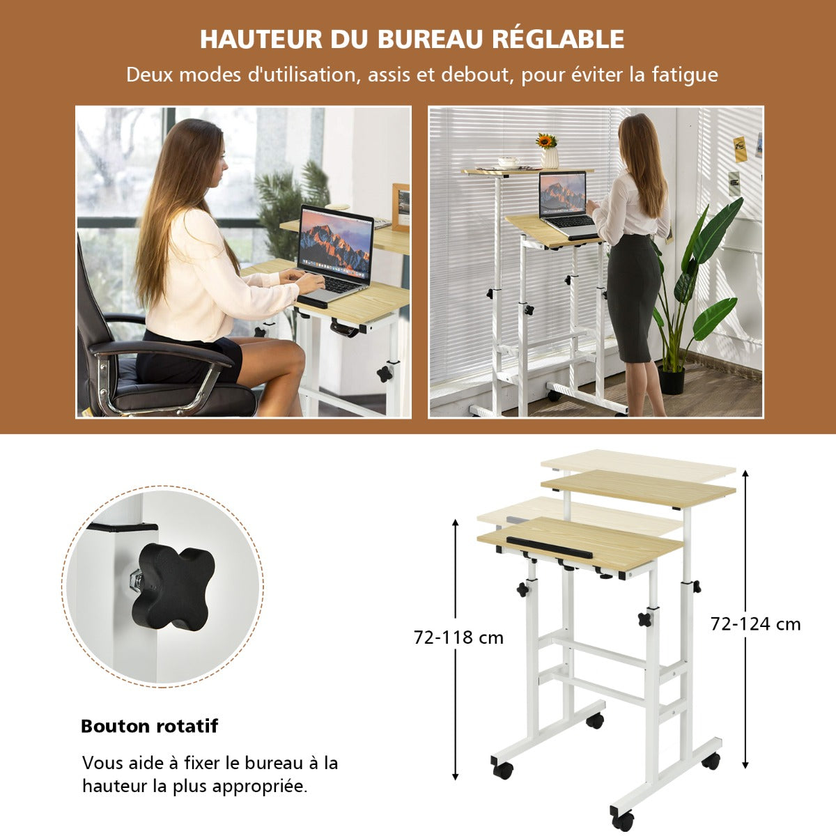 Bureau Assis Debout à Roulettes, Bureau Ordinateur, Bureau Informatique, Bureau Moderne, Natrurel, Costway, 7