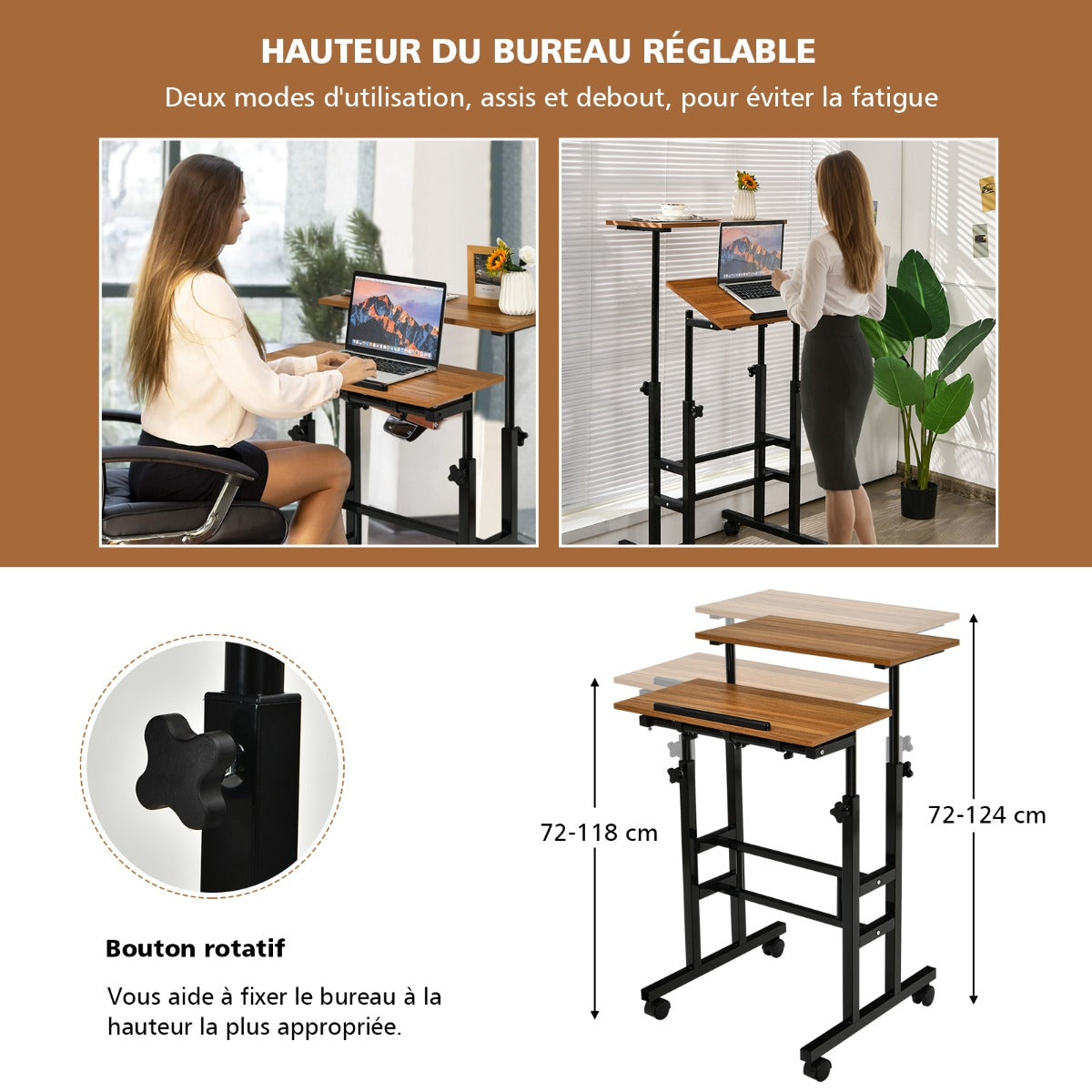 Bureau Assis Debout à Roulettes, Bureau Ordinateur, Bureau Informatique, Bureau Moderne, Noyer, Costway, 8