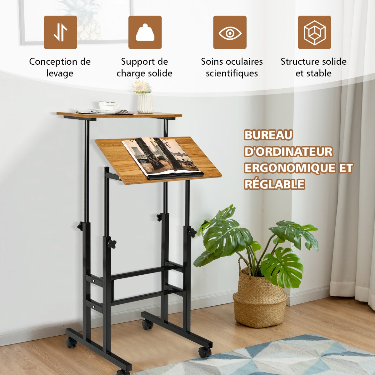 Bureau Assis Debout à Roulettes, Bureau Ordinateur, Bureau Informatique, Bureau Moderne, Noyer, Costway, 5