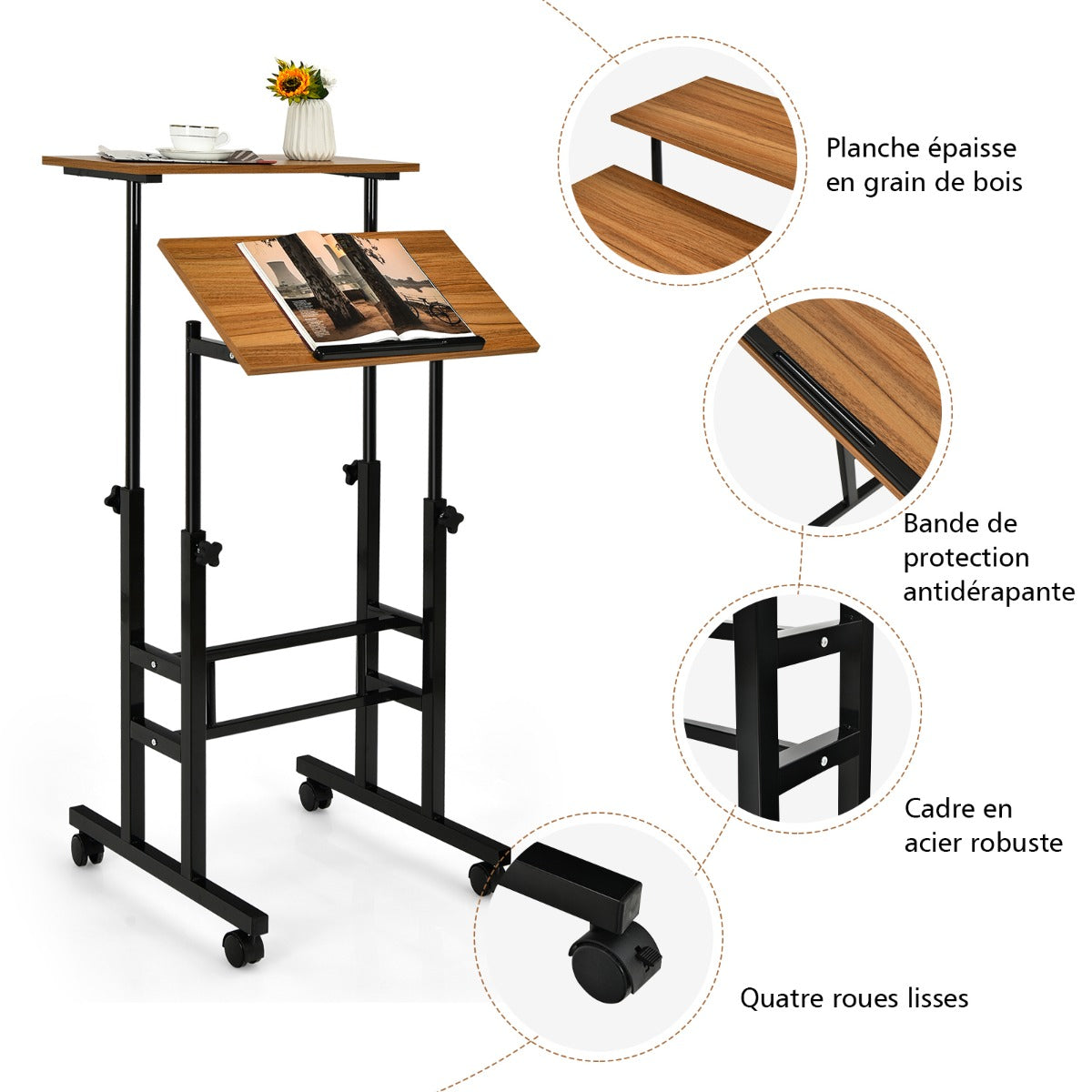 Bureau Assis Debout à Roulettes, Bureau Ordinateur, Bureau Informatique, Bureau Moderne, Noyer, Costway, 7