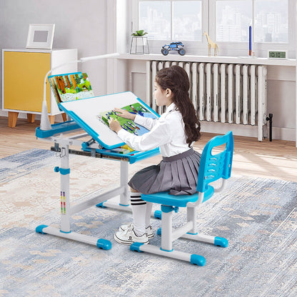 Bureau Enfant, Chaise Enfant, Table et Chaise Enfant, Bureau Enfant primaire avec Éclairage LED Plateau Incliné, Bleu, Costway, 2