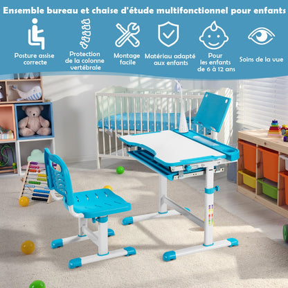 Bureau Enfant, Chaise Enfant, Table et Chaise Enfant, Bureau Enfant primaire avec Éclairage LED Plateau Incliné, Bleu, Costway, 4