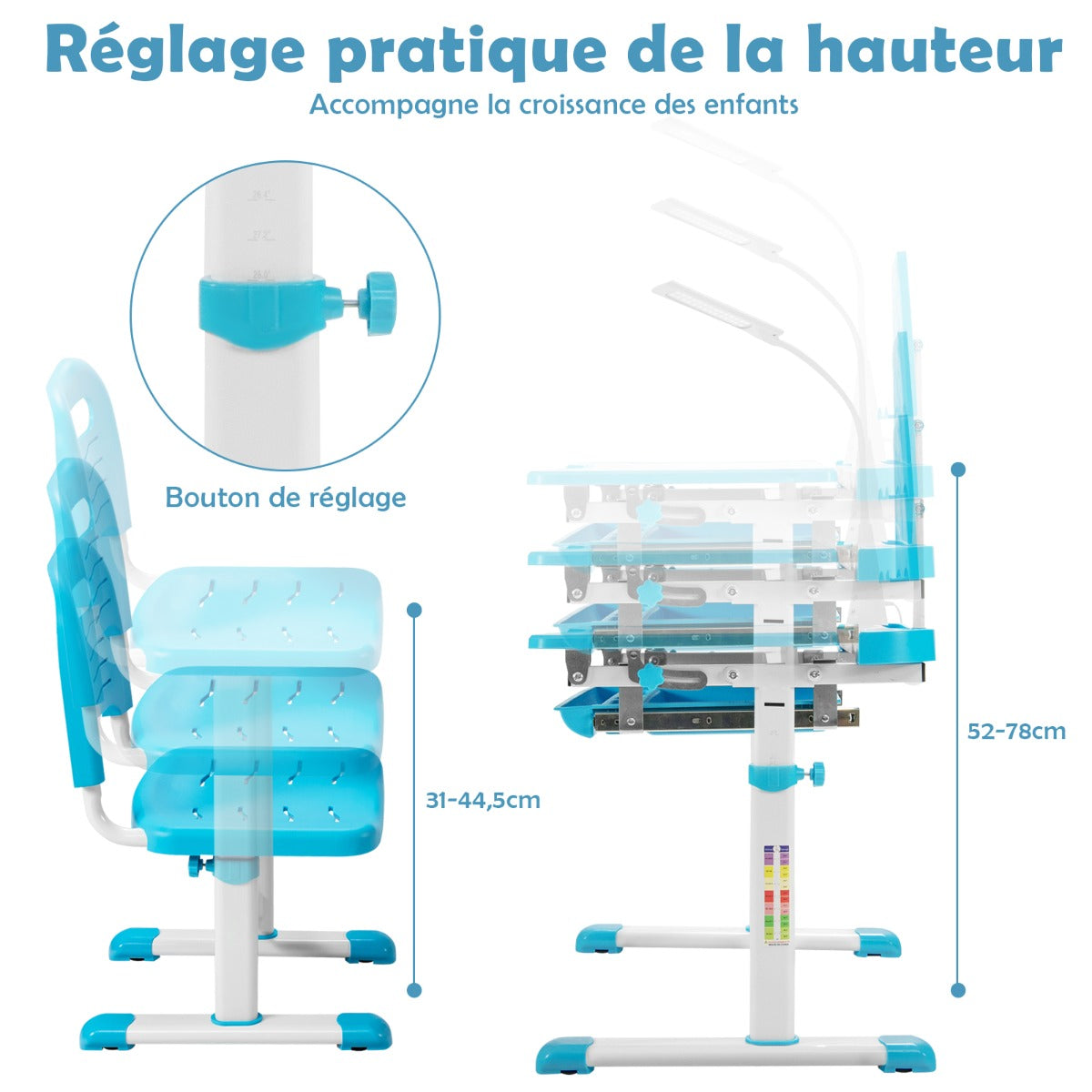 Bureau Enfant, Chaise Enfant, Table et Chaise Enfant, Bureau Enfant primaire avec Éclairage LED Plateau Incliné, Bleu, Costway, 5