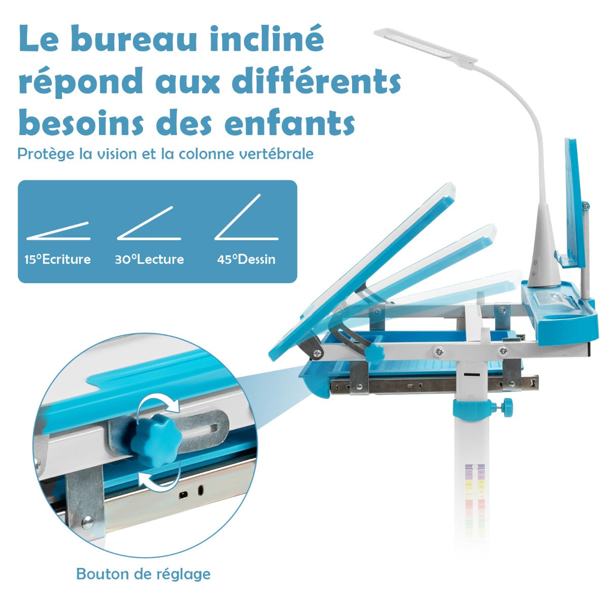 Bureau Enfant, Chaise Enfant, Table et Chaise Enfant, Bureau Enfant primaire avec Éclairage LED Plateau Incliné, Bleu, Costway, 8