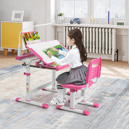 Bureau Enfant, Chaise Enfant, Table et Chaise Enfant, Bureau Enfant primaire avec Éclairage LED Plateau Incliné, Rose, Costway, 2