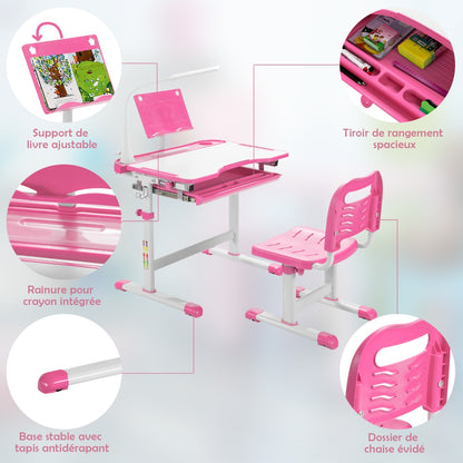 Bureau Enfant, Chaise Enfant, Table et Chaise Enfant, Bureau Enfant primaire avec Éclairage LED Plateau Incliné, Rose, Costway, 6