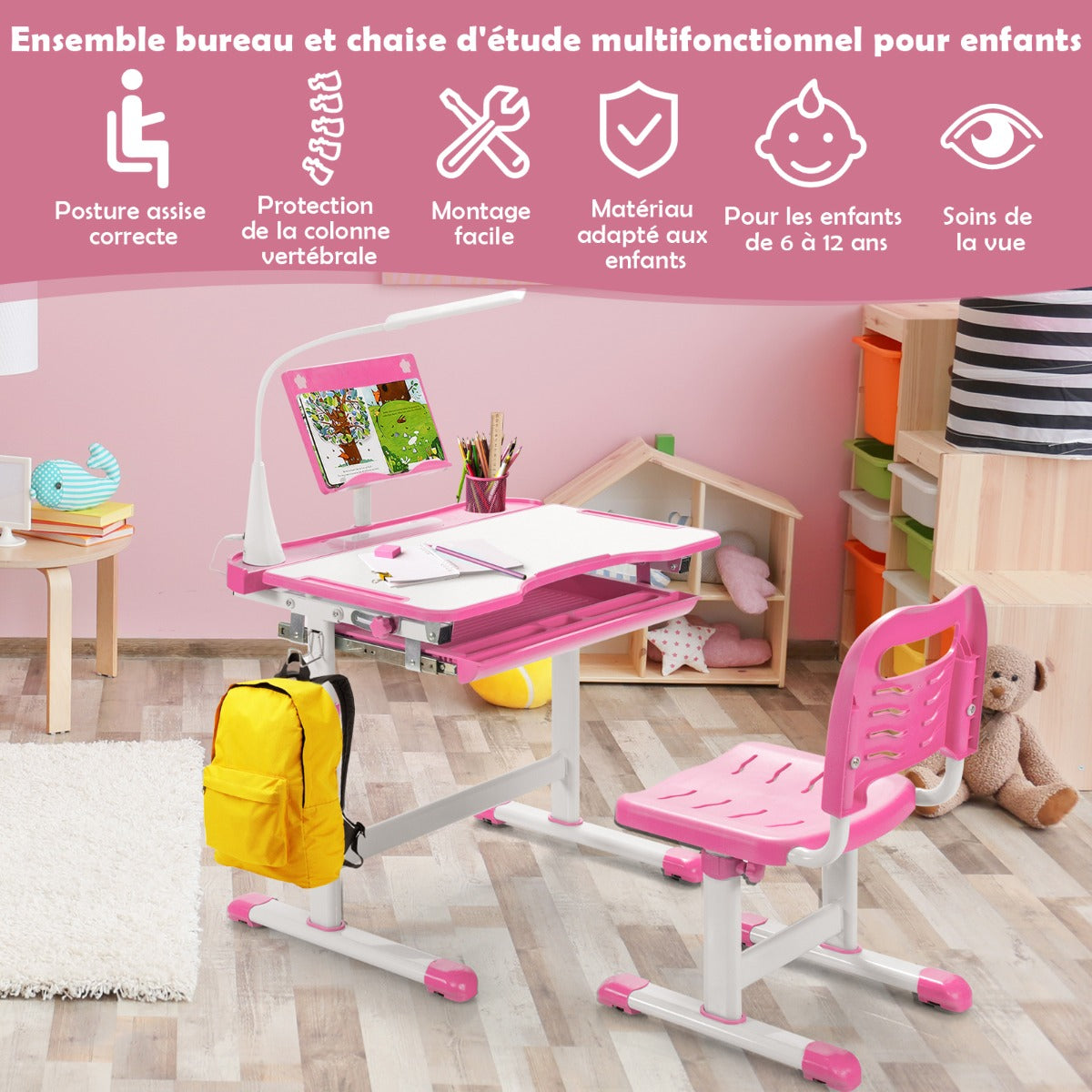 Bureau Enfant, Chaise Enfant, Table et Chaise Enfant, Bureau Enfant primaire avec Éclairage LED Plateau Incliné, Rose, Costway, 4