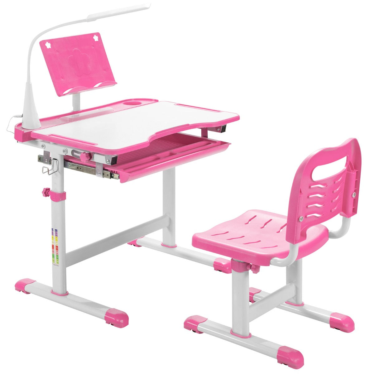 Bureau Enfant, Chaise Enfant, Table et Chaise Enfant, Bureau Enfant primaire avec Éclairage LED Plateau Incliné, Rose, Costway, 1