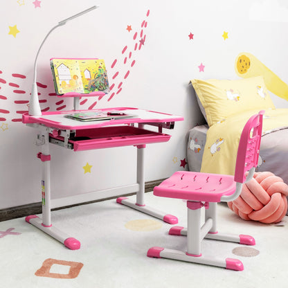 Bureau Enfant, Chaise Enfant, Table et Chaise Enfant, Bureau Enfant primaire avec Éclairage LED Plateau Incliné, Rose, Costway, 3