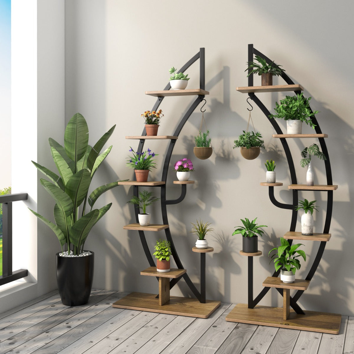 Etagere Plante, Lot de 2, 7 Niveaux, Meuble Plante, Support pot de fFleur, Métal, Forme de Demi-lune, Costway, 2