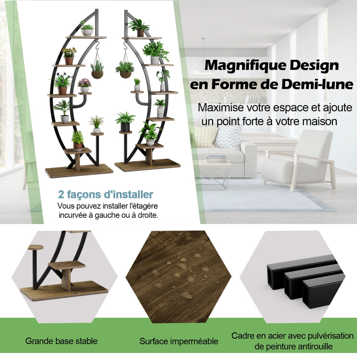 Etagere Plante, Lot de 2, 7 Niveaux, Meuble Plante, Support pot de fFleur, Métal, Forme de Demi-lune, Costway, 6