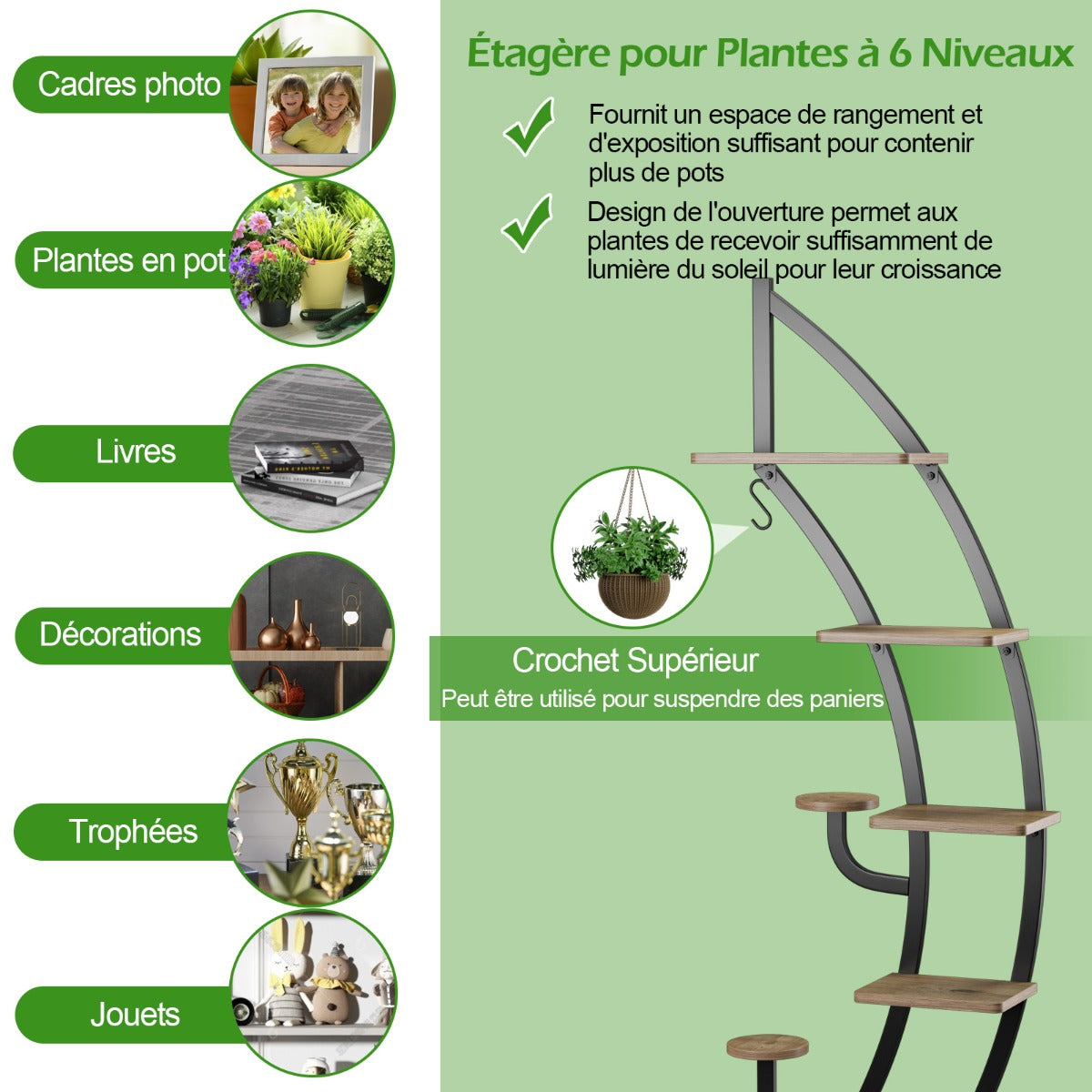 Etagere Plante, Lot de 2, 7 Niveaux, Meuble Plante, Support pot de fFleur, Métal, Forme de Demi-lune, Costway, 7