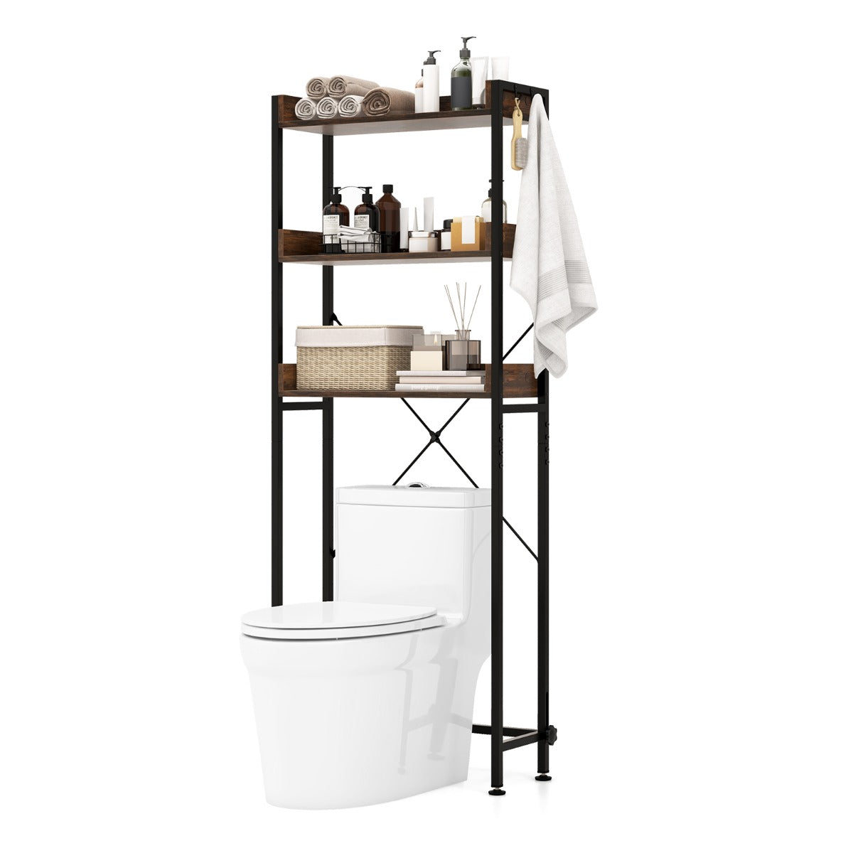 Etagere WC, Etagere metal, Rangement WC, au-dessus des Toilettes, 3 Niveaux 4 Crochets Support Autoportant, Marron, Costway, 1