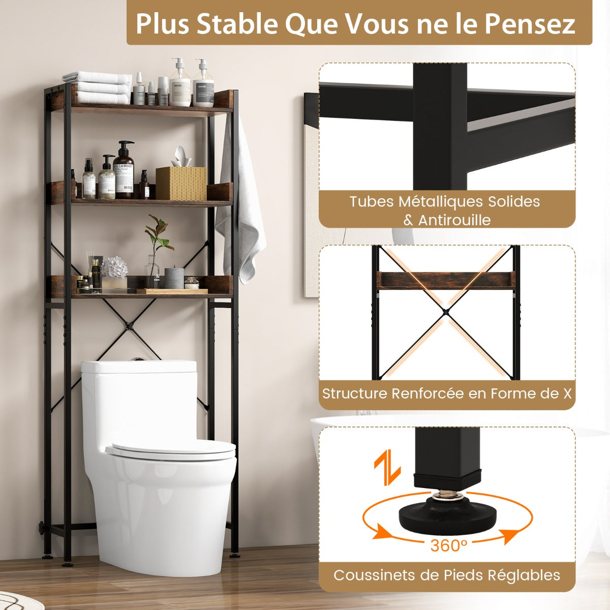 Etagere WC, Etagere metal, Rangement WC, au-dessus des Toilettes, 3 Niveaux 4 Crochets Support Autoportant, Marron, Costway, 4