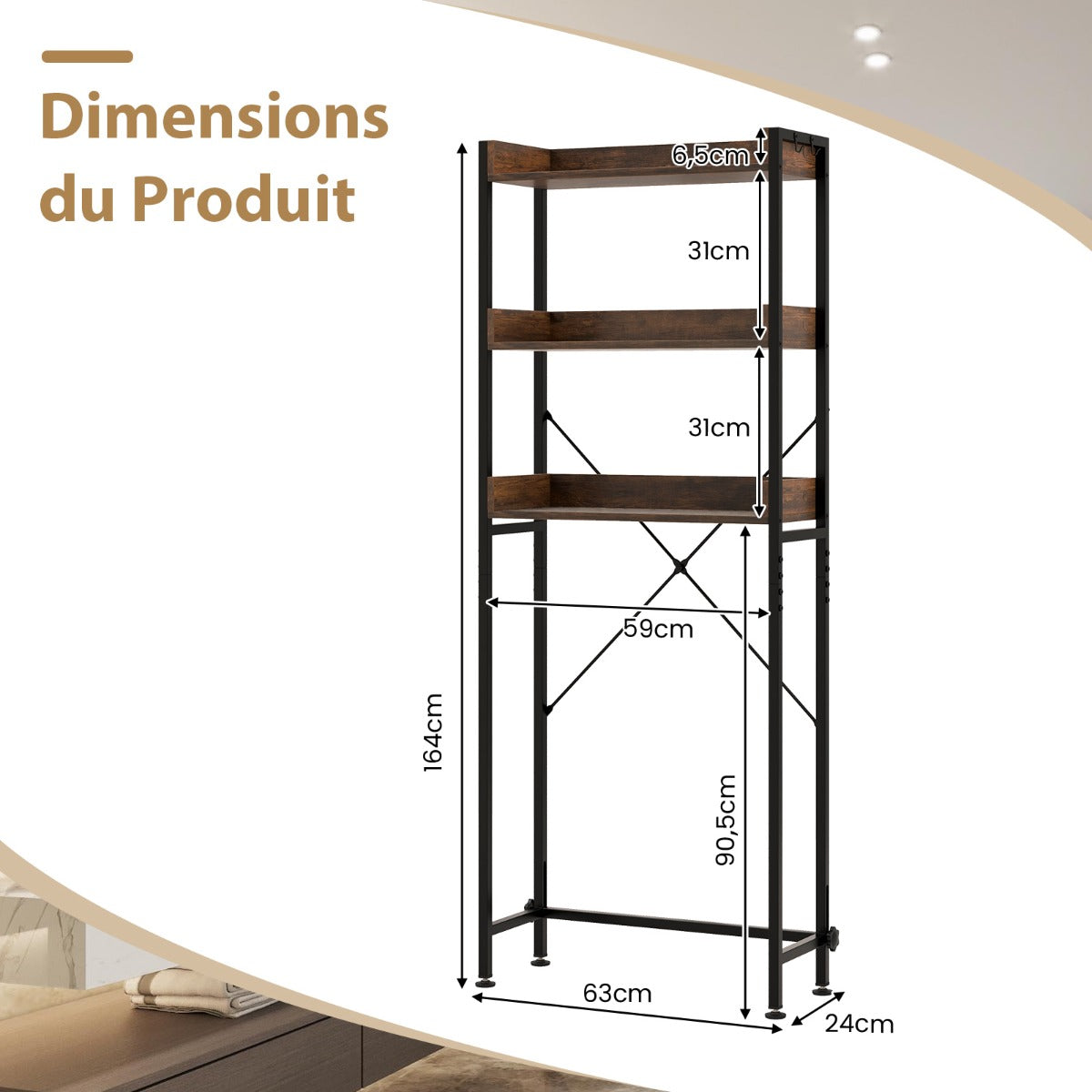 Etagere WC, Etagere metal, Rangement WC, au-dessus des Toilettes, 3 Niveaux 4 Crochets Support Autoportant, Marron, Costway, 8