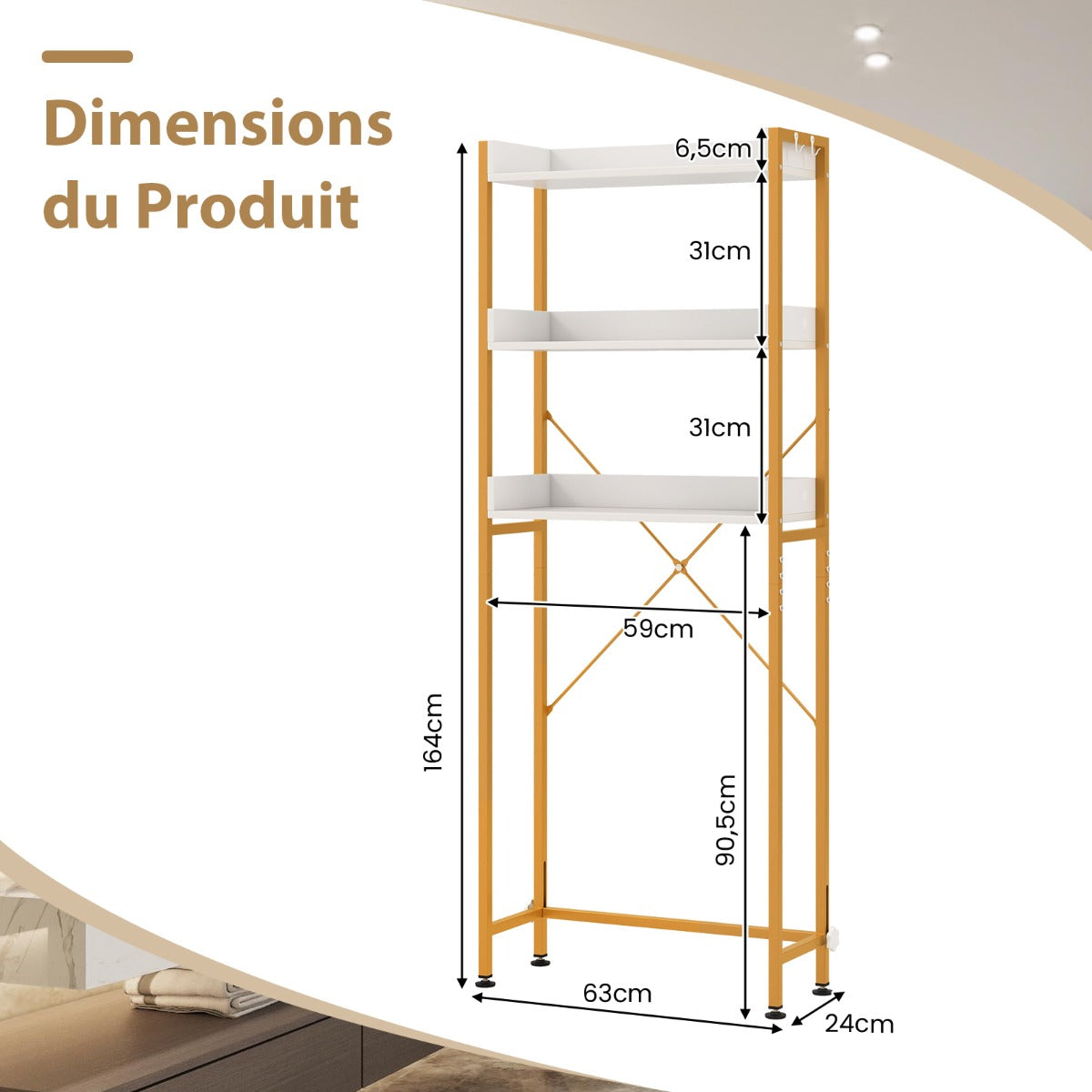 Etagere WC, Etagere metal, Rangement WC, au-dessus des Toilettes, 3 Niveaux 4 Crochets Support Autoportant, Blanc, Costway, 8