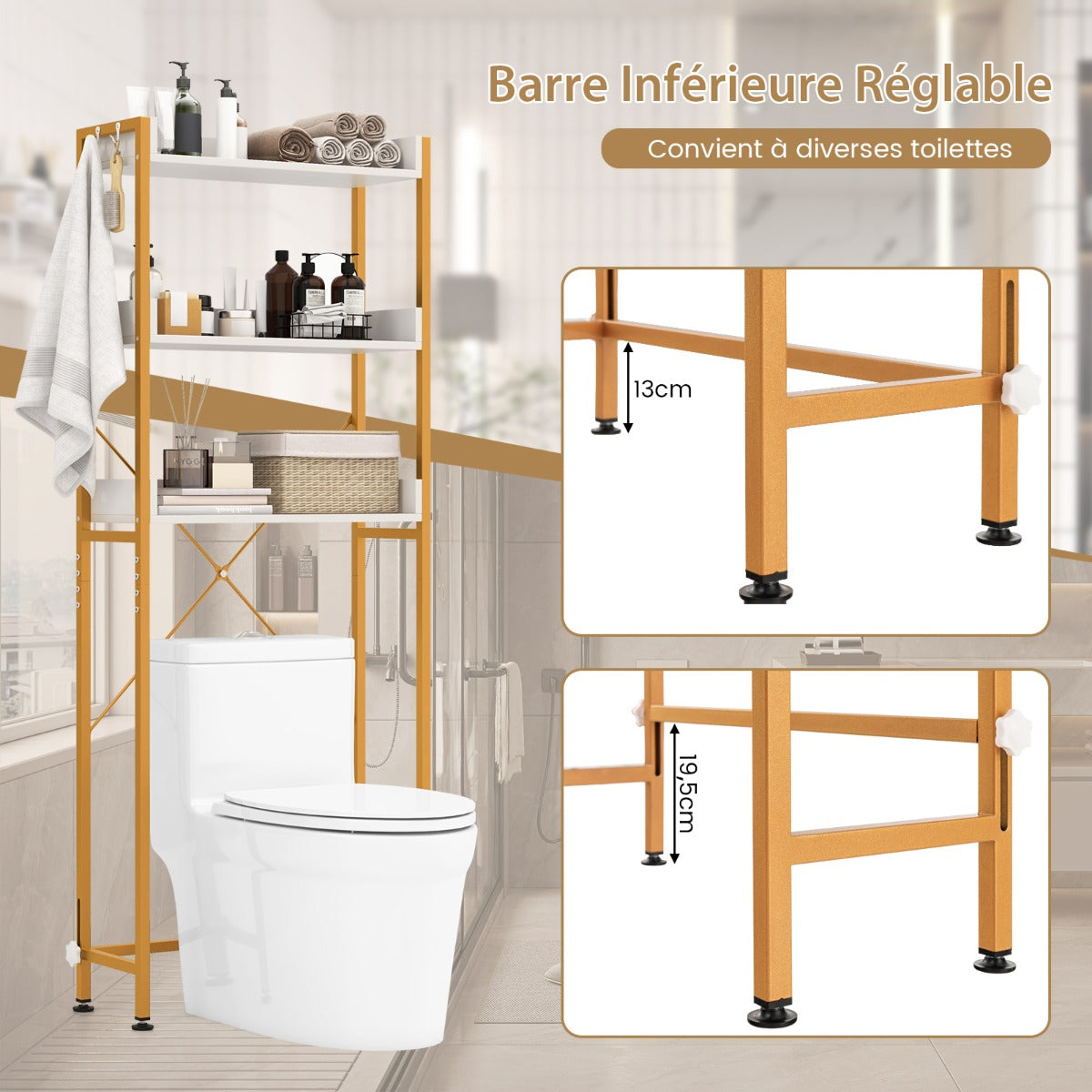 Etagere WC, Etagere metal, Rangement WC, au-dessus des Toilettes, 3 Niveaux 4 Crochets Support Autoportant, Blanc, Costway, 5