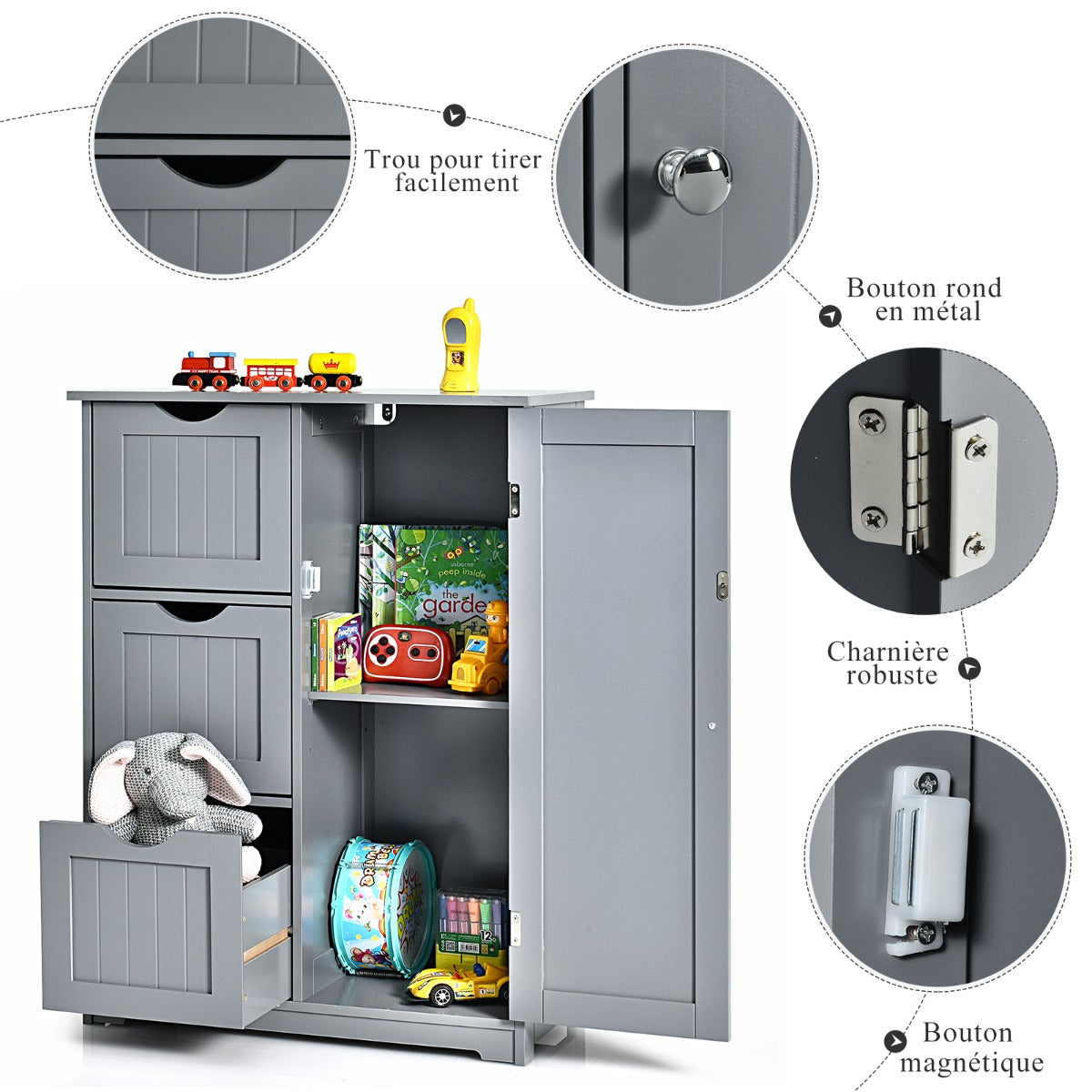 Meuble de Salle de Bain, Meuble de Rangement, avec 3 Tiroirs & 1 Placard Étagère Réglable Gris, Costway, 7