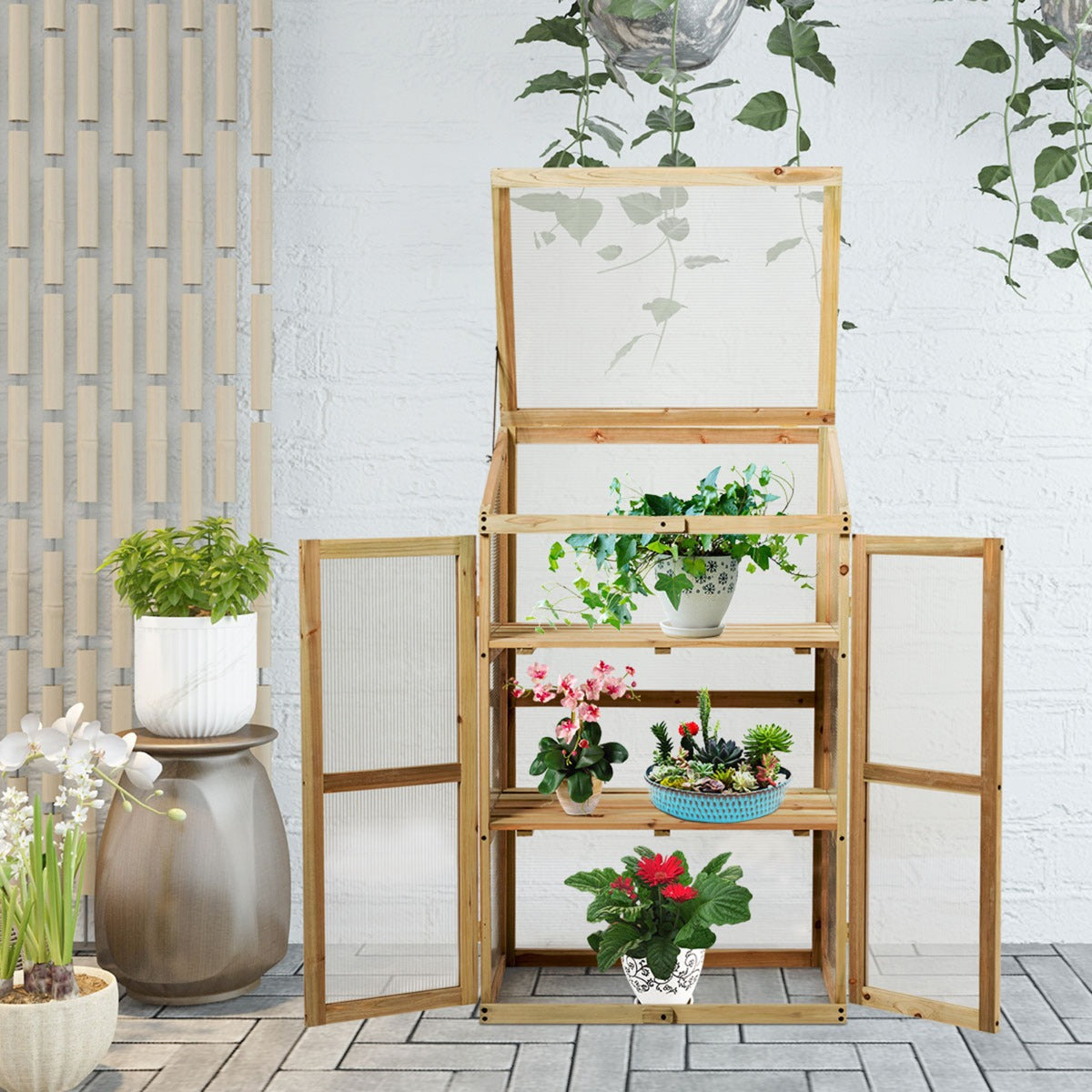 Petite Serre de Jardin, Serre de Jardin, avec Etagères à 3 Niveaux, Vitrages Transparents en Polycarbonate, Nature, Costway, 3