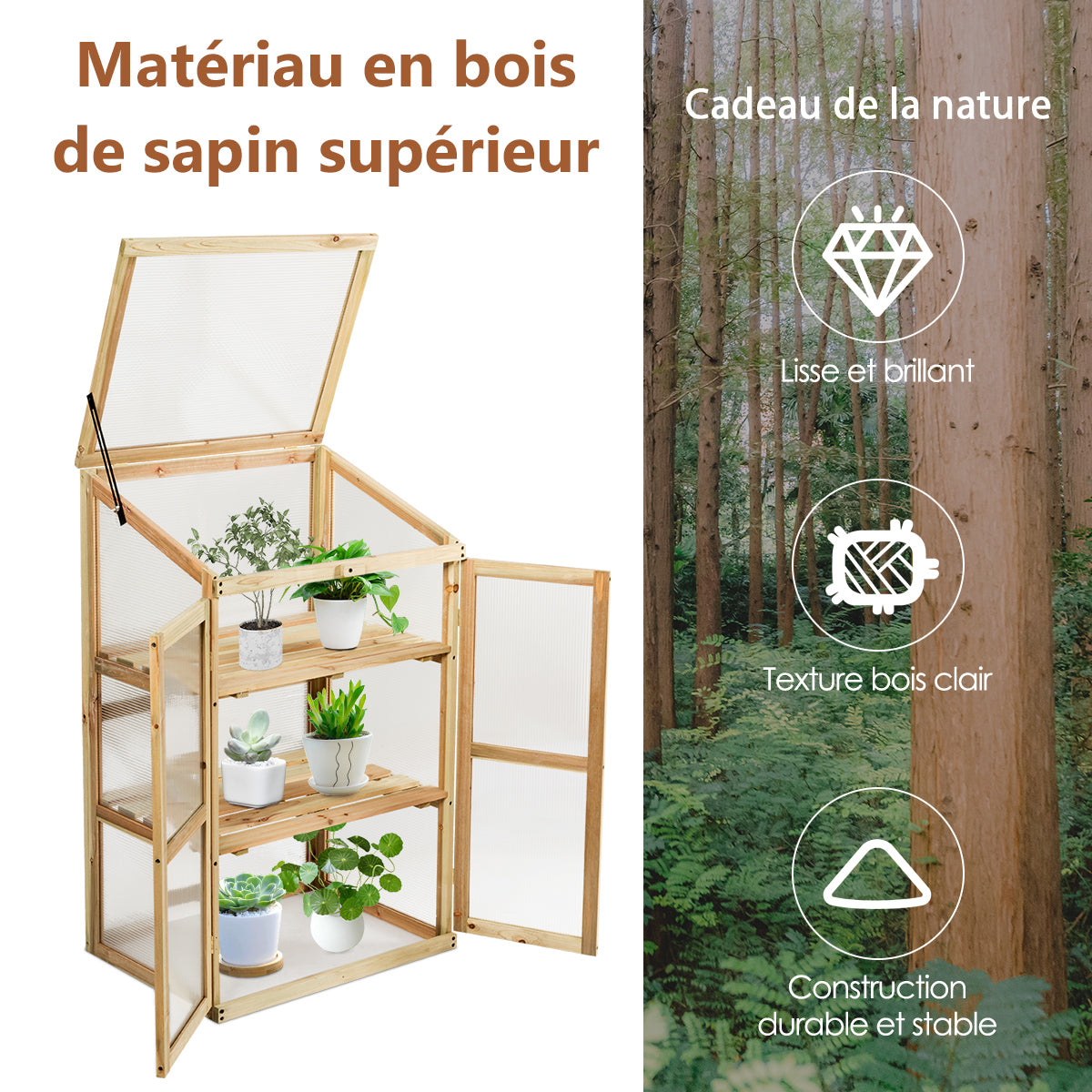 Petite Serre de Jardin, Serre de Jardin, avec Etagères à 3 Niveaux, Vitrages Transparents en Polycarbonate, Nature, Costway, 8