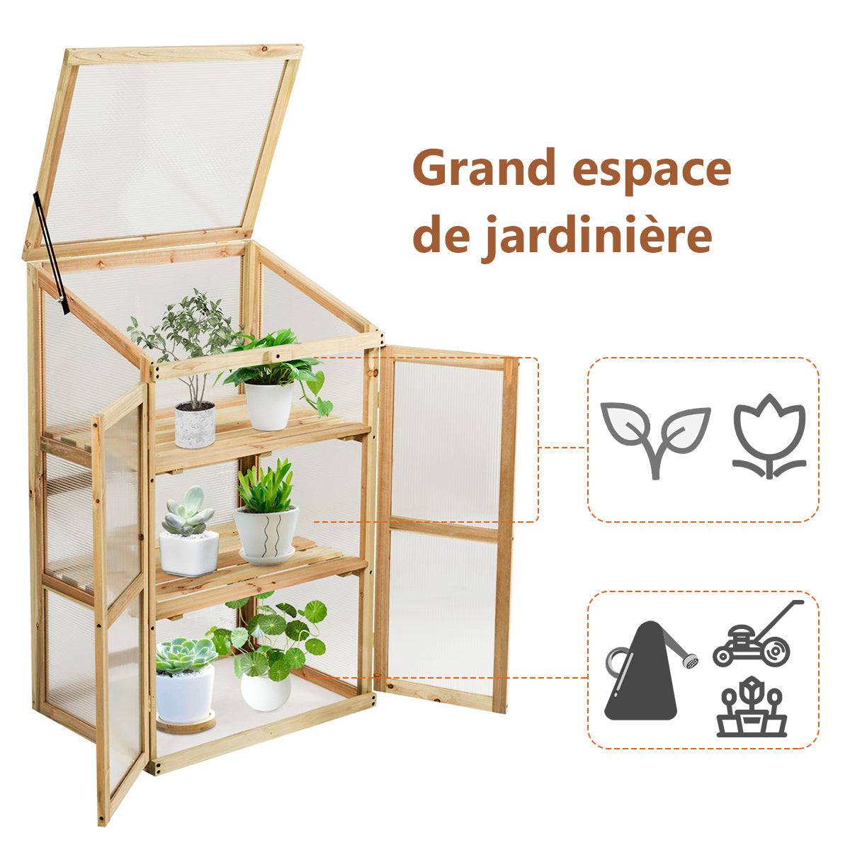 Petite Serre de Jardin, Serre de Jardin, avec Etagères à 3 Niveaux, Vitrages Transparents en Polycarbonate, Nature, Costway, 4