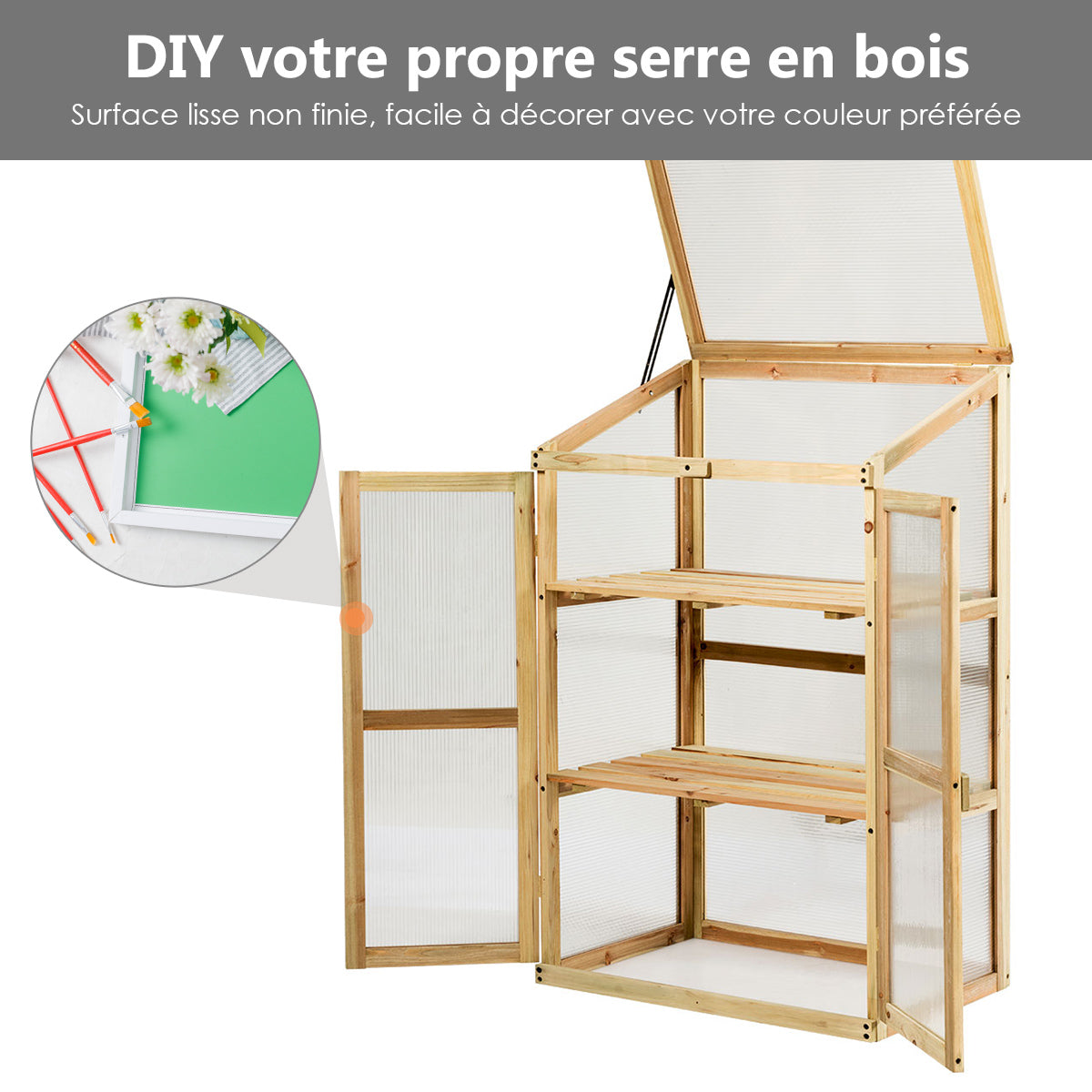 Petite Serre de Jardin, Serre de Jardin, avec Etagères à 3 Niveaux, Vitrages Transparents en Polycarbonate, Nature, Costway, 5