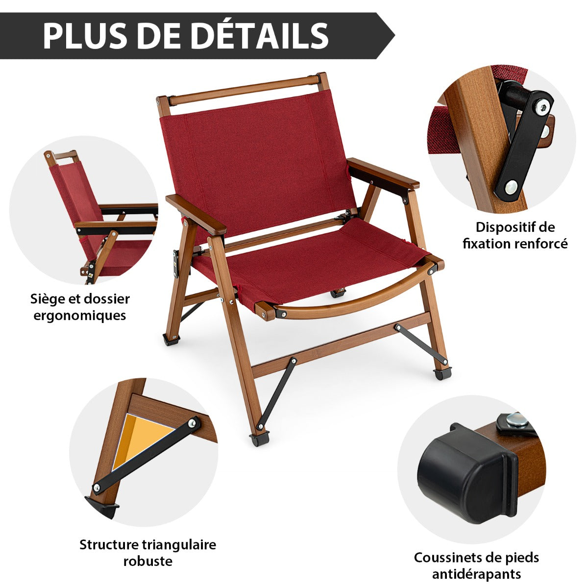 Chaise Pliante Camping, Charge 150KG, Chaise de Camping, avec Cadre en Bambou Massif Chaise Pliante d'Extérieur, Costway, 5