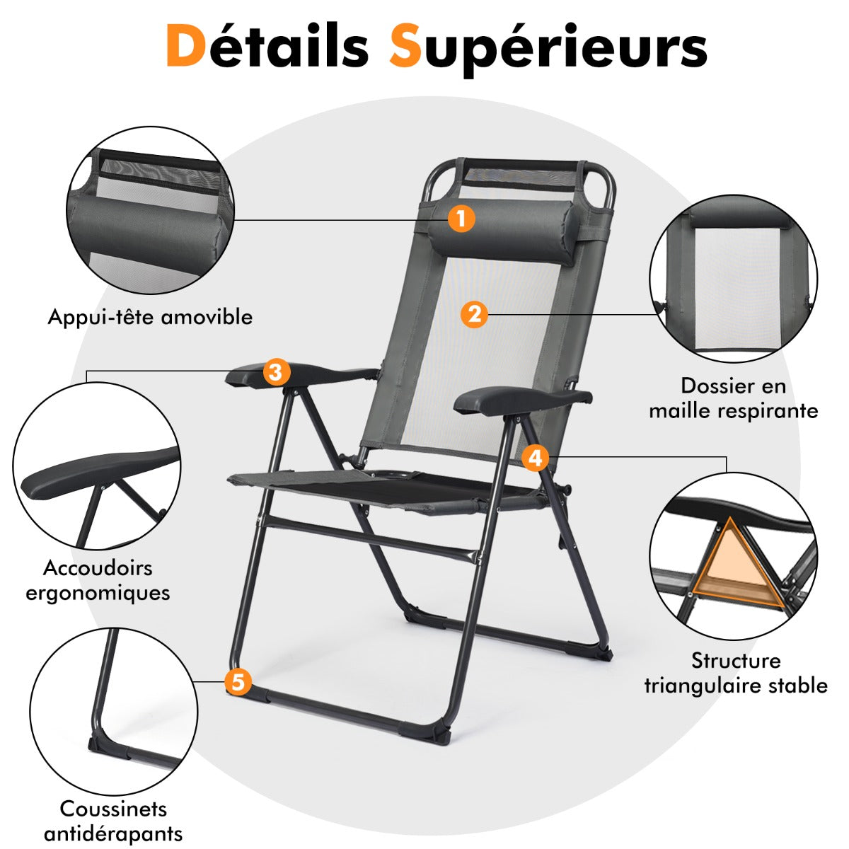 Chaise Longue, Lot de 2, Chaises de Jardin, Chaise Exterieur, Pliante en Tissu Oxford, Appuie-Tête, 7 Positions, Gris, Costway, 6