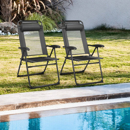 Chaise Longue, Lot de 2, Chaises de Jardin, Chaise Exterieur, Pliante en Tissu Oxford, Appuie-Tête, 7 Positions, Gris, Costway, 2