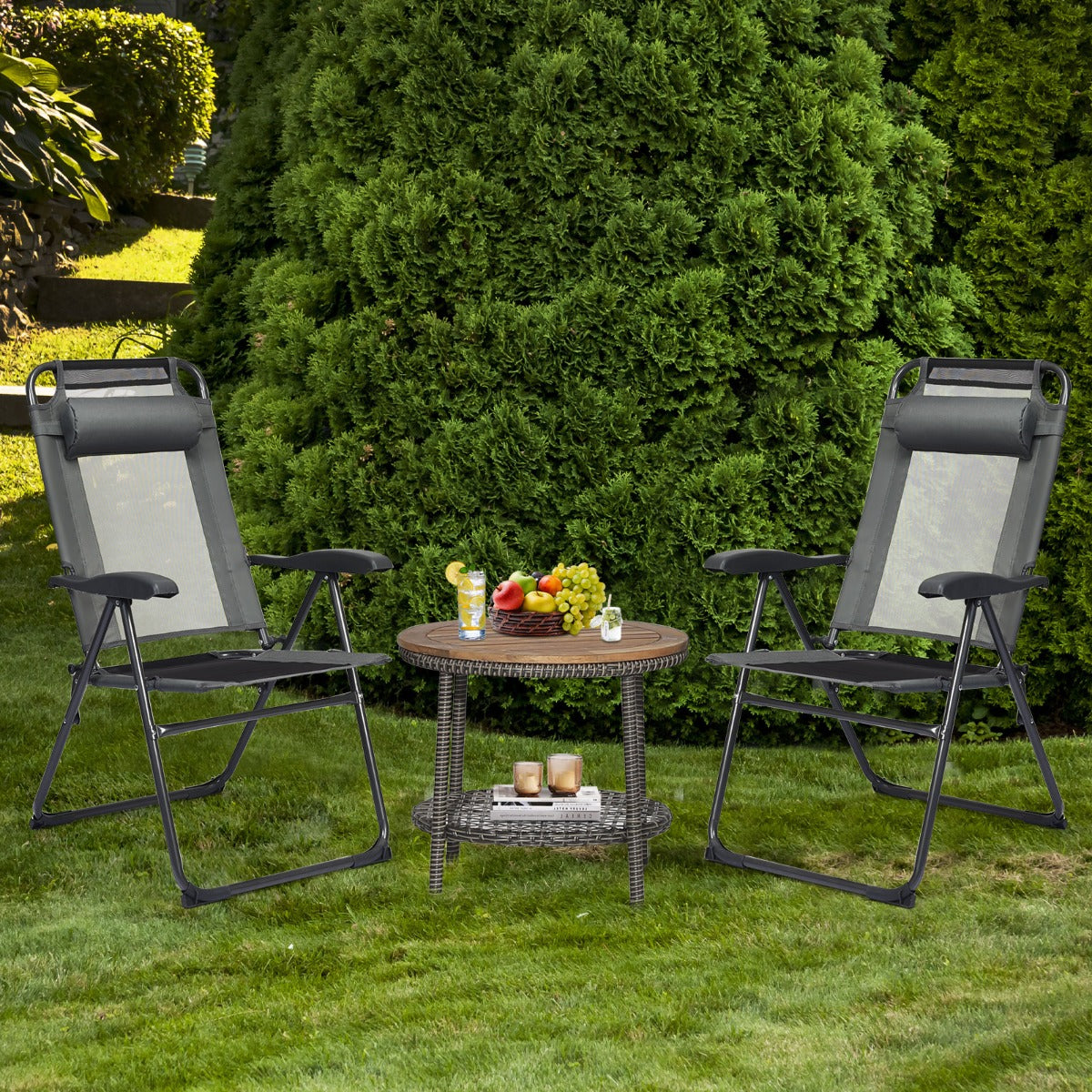 Chaise Longue, Lot de 2, Chaises de Jardin, Chaise Exterieur, Pliante en Tissu Oxford, Appuie-Tête, 7 Positions, Gris, Costway, 3