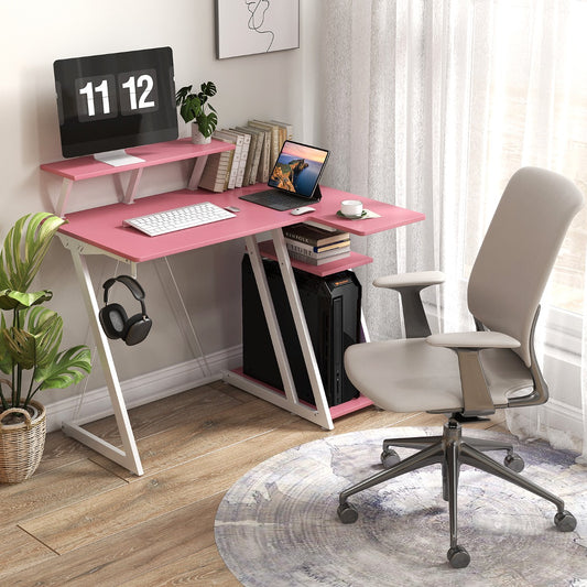 Table, Bureau Ordinateur, Table de Bureau, Poste de Travail avec Prises et Ports USB, Bureau de Jeu, Rose, Costway, 3