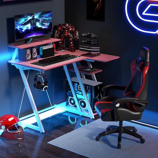 Table, Bureau Ordinateur, Table de Bureau, Poste de Travail avec Prises et Ports USB, Bureau de Jeu, Rose, Costway, 2