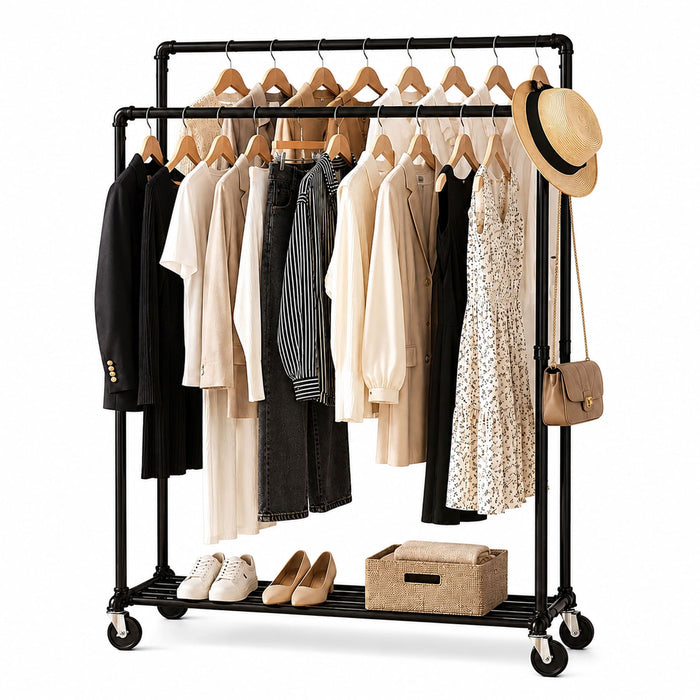 Tatkraft Pantera – Portant à vêtements solide sur roulettes, capacité 110 kg, 2 tringles, étagère à chaussures, métal noir