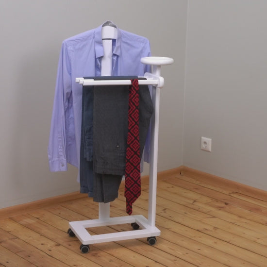 Valet de Chambre Bois, Composé d'un cintre, 3 porte-pantalons et d'une tablette de rangement, blanc, Tatkraft Graf, vdeo